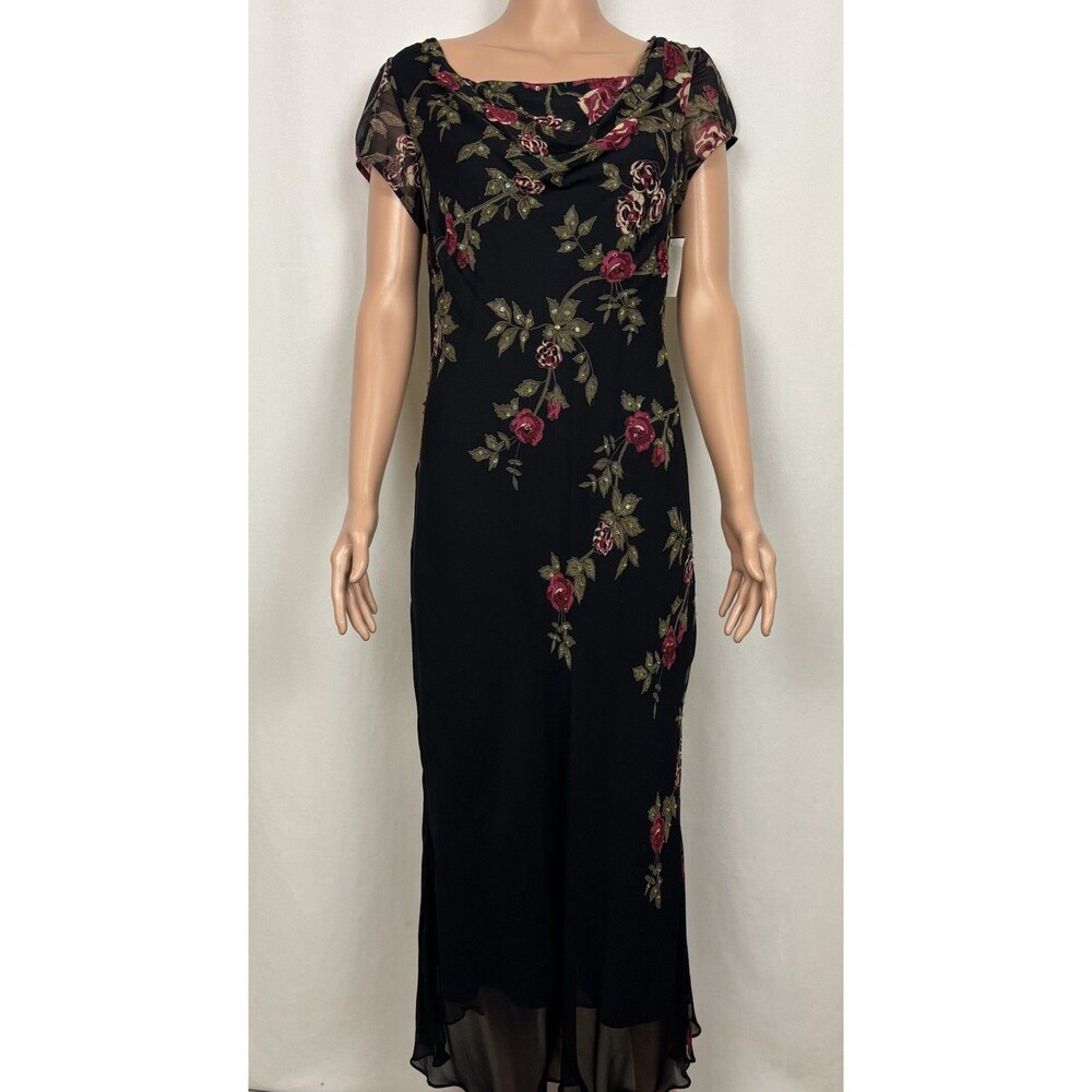 Y2K Majick Size S/P Rose Print Beaded Cowl Neck Sheer Overlay Maxi Dress